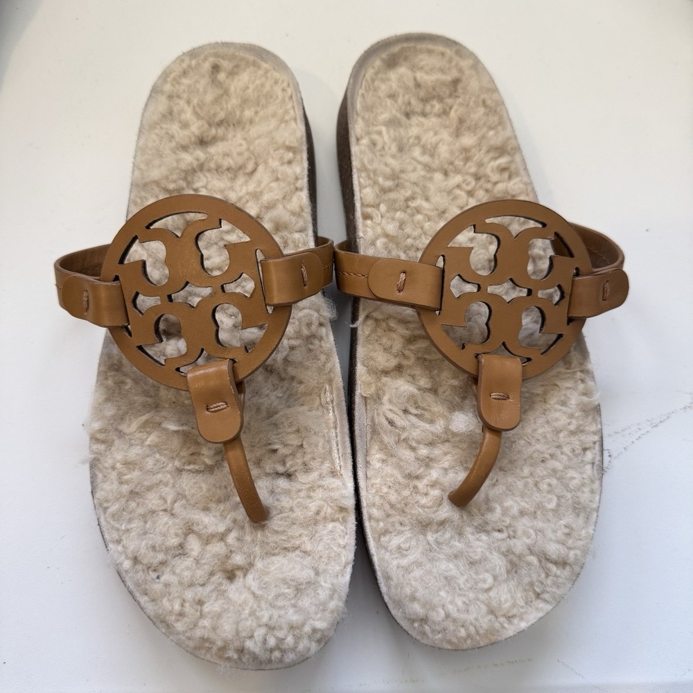 Tory Burch Miller Cloud Shearling Slide Sandals Size 7 Camel EUC Cork Footbed - Picture 1 of 9